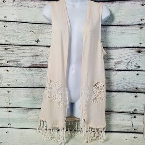 Vanity Cream Sleeveless Open Front Lace Fringe Vest Size L Boho Festival Cardiga